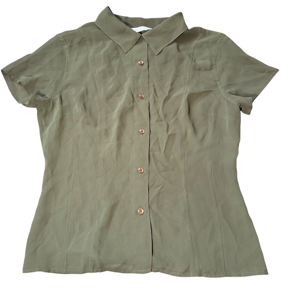 Vintage Express Mesh Olive Green Short Sleeve Button Down Blouse Summer